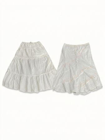 (FV-1123) 90s White Boho Tiered Maxi Skirt Cotton Gypsy Aesthetic