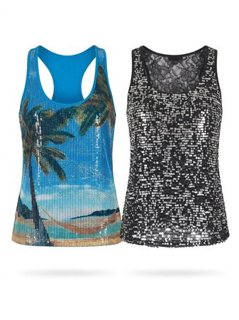 (FV-1218) Vintage Sequin Tank Top Y2K Tropical Beach Graphic Cami