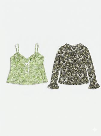 (FV-1215) Vintage Floral Mesh Blouse Y2K Fairy Grunge Green Botanical Print