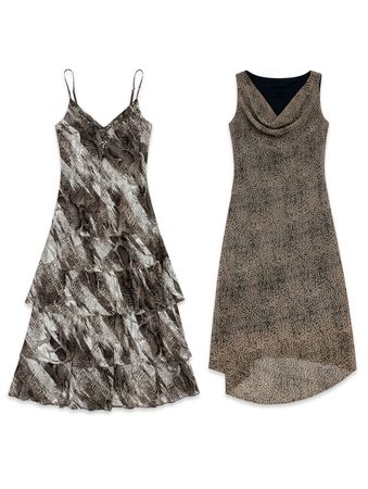 (FV-1212) Y2K Abstract Print Bodycon Dress Brown Earthy Grunge Aesthetic