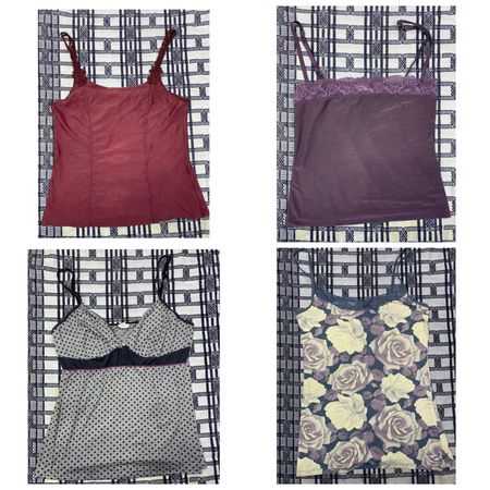 Y2K Floral & Polka Dot Camisole Mix - Lace Trim, Rosette Straps & Mesh Detailed Tops VR-274