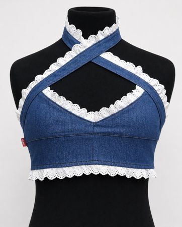 CR1532 Upcycled Denim Lace Halter Top