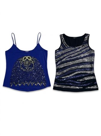 (FV-1230) Bundle of 5 Sparkly Blue Sequin Tank Tops - Gradient, Swirl, Art Deco, Patriotic American Flag Sequin Design