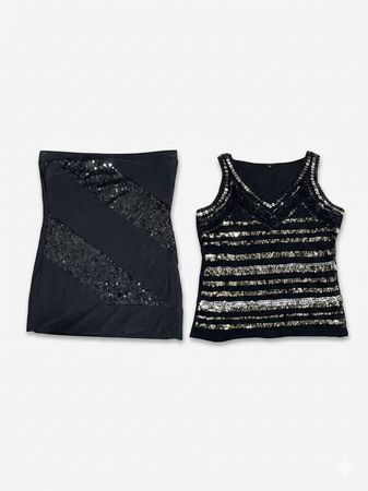(FV-1235) Evening Ready All-Black Sequin and Beaded Tank Top Bundle - Shimmer Stripes, Geometric, Abstract Designs