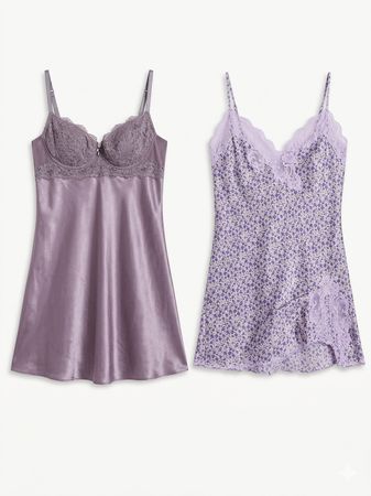(FV-1241) Assorted Satin Lingerie Tops Lot of 5 - Purple Lace Bodice, Floral Print, Grey and Slate V-Neck, Grey Heart Print