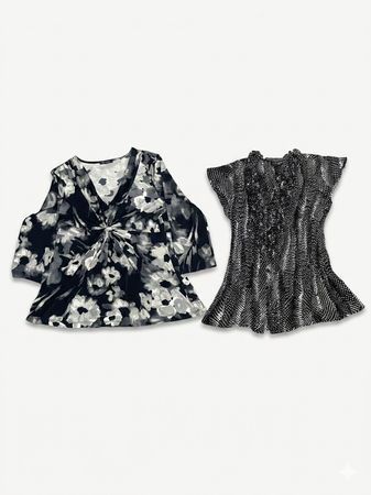 (FV-1245) Assorted Black and White Tops and Blouses Lot of 7 - Modern Geometric, Animal Print, Lace Overlay