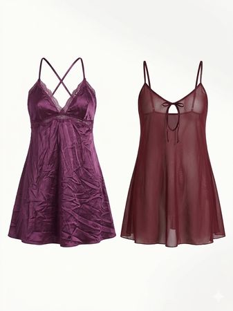 (FV-1251) Gothic Glam Burgundy & Plum Satin Silk Nightwear Lingerie Collection