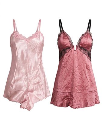 (FV-1250) Coquette Aesthetic Pastel Pink & Lilac Sheer Lace Lingerie Slip Bundle