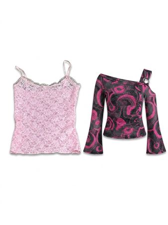 (FV-1217) Y2K Abstract Printe Mesh Top Pink Retro Geometric Aesthetic