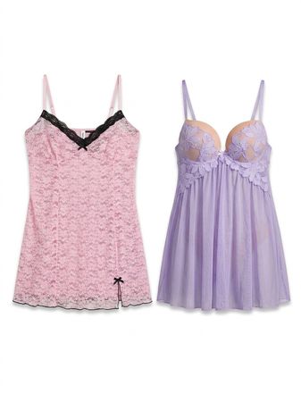 (FV-1263) Coquette Aesthetic Pastel Purple Pink Lace Babydoll Lingerie Bundle