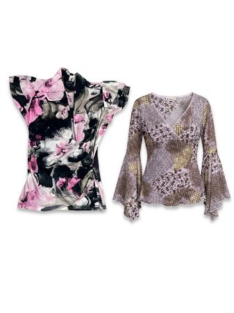 (FV-1264) Y2K Aesthetic Lilac Floral Mesh Top Lot Mixed Pattern Fairycore Blouse