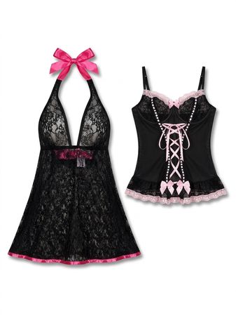 (FV-1274) Mixed Lot Y2K Grunge Coquette Lace Babydoll Lingerie Tops Pink Black