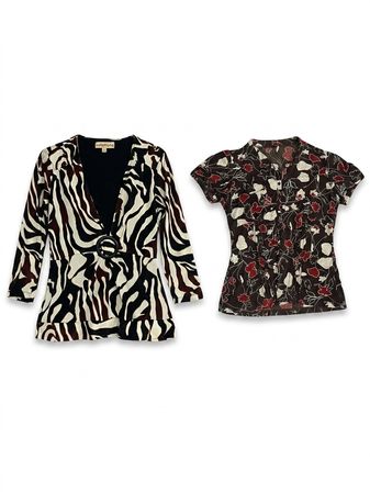 (FV-1265) 90s Office Siren Brown Abstract Geometric Floral Print Top Bundle Capture 7 (Grey