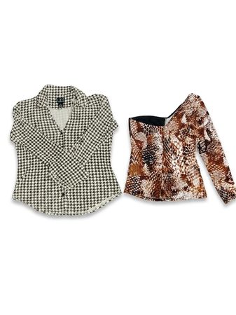 (FV-1282) Trendy Cheetah Snake Skin Animal Print & Houndstooth Patterned Blouse Set