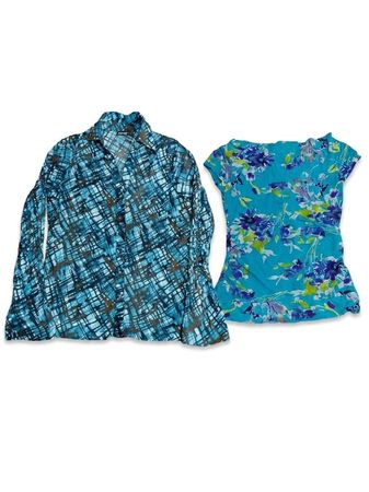 (FV-1286) Retro Blue Teal Abstract Geometric & Floral Print Mesh Blouse Collection