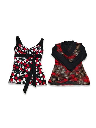 (FV-1289) Bold Red Black Abstract Graphic Print & Polka Dot Y2K Aesthetic Tops