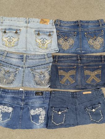 HD1457 Ladies Upcycled Y2K Embellished Denim Micro Mini Skirts