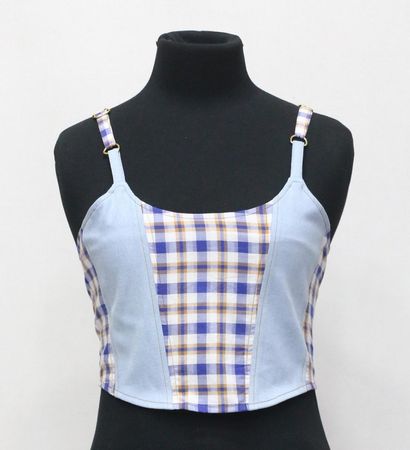 CR1540 Upcycled Denim & Plaid Corset Top