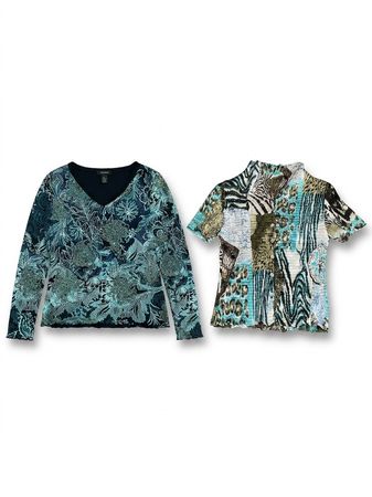 (FV-1306) Y2K Blue Abstract Print Tops Bundle – Retro Patterned Tees, Artistic Vintage Women’s Collection
