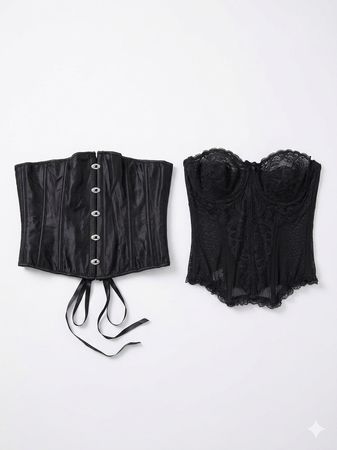 (FV-1325) Black Lace Corset Bustier Y2K Gothic Party Top