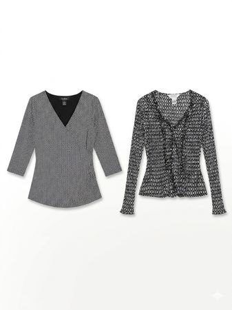 (FV-1329) Black White Wrap Top Elegant Smart Casual Look