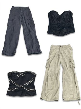 (FV-1342) Y2K Cargo Pants & Corset Tops Bundle – Wide Leg Utility Trousers & Bustier Streetwear Mix