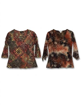 (FV-1346) Vintage Y2K Earth Tone Mesh & Printed Tops Bundle – Brown Abstract & Boho Stretch Tees Wholesale