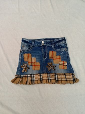 Upcycled Y2K Denim Mini Skirt with Burberry Patchwork & Pleated Hem