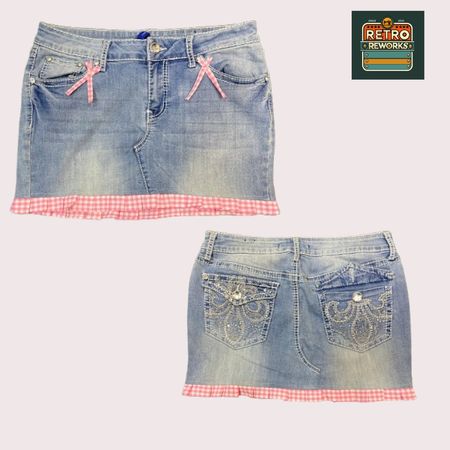 Upcycled Denim Patchwork Lace Mini Skirt
