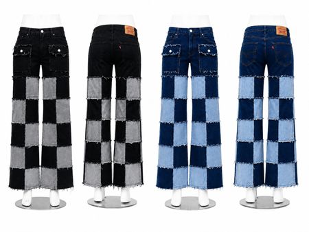 CR1585 Upcycled Checker Patchwork Jeans