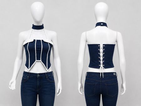 CR1584 Upcycled Denim Corset Halter Top
