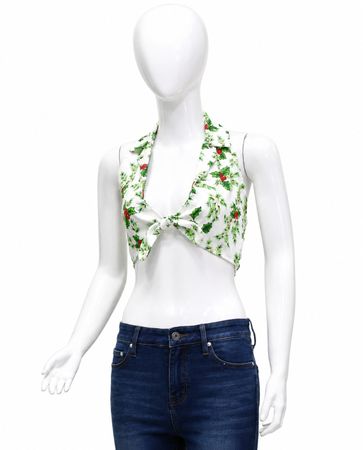 CR1595 Upcycled Tie Front Halter Top