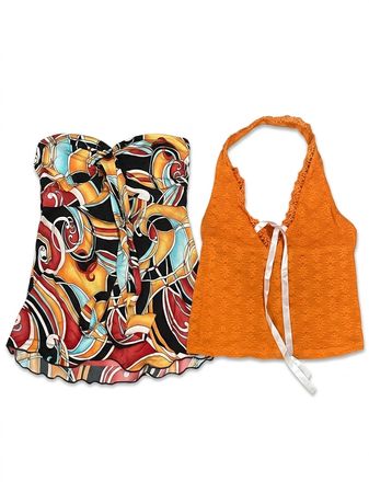 (FV-1432)     Colorful Y2K Summer Tops Bundle | Retro Abstract Boho Festival Camis Collection