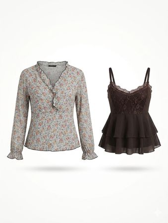 (FV-1426)     Y2K Mesh Printed Tops Bundle Vintage Fairy Grunge Going Out Tops Collection