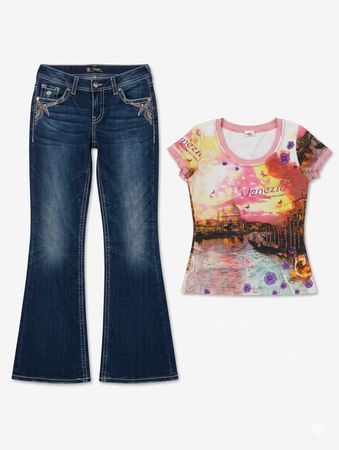 (FV-1425) Y2K Denim Flared Jeans & BabyTees