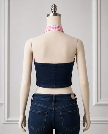 CR1600 Upcycled Denim Gingham Halter Top