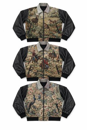 CR1609 UPCYCLED TAPESTRY LEATHER SLEEVE BOMBER JACKET