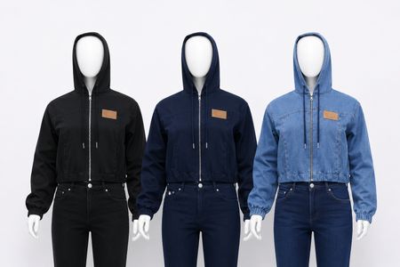 CR1612 UPCYCLED DENIM CROPPED HOODIE JACKET