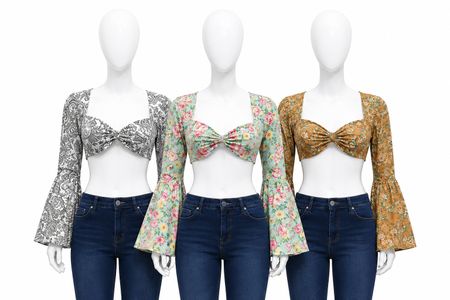 CR1618 UPCYCLED PRINTED FLARE SLEEVE CROP TOP