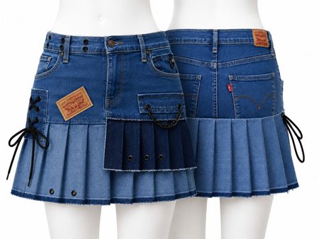 CR1623 UPCYCLED DENIM PLEATED MINI SKIRT