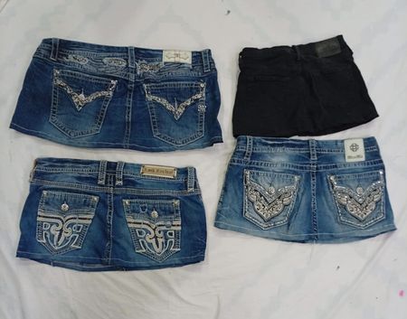 CR8483 UPCYCLED MIX BRANDED MINI DENIM SKIRTS