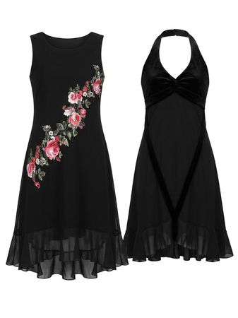 (FV-1461)     Vintage Black & Red Party Dresses Bundle | Y2K Floral Evening Dress Mix | Women’s Gothic Partywear Wholesale