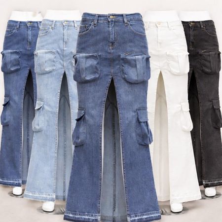 CR1686 UPCYCLED CARGO FLARE DENIM JEANS
