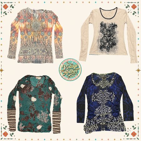 Y2K Earth Tone & Baroque Print Tops Bundle: 8 Pcs (LS-2)