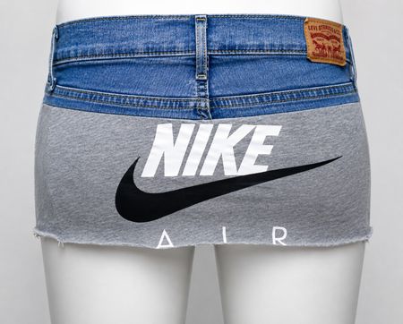 CR1708 UPCYCLED SPORT PANEL DENIM MINI SKIRT