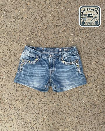 Upcycled Miss Me True Religion Rock Revival shorts