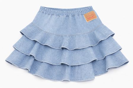 CR1713 UPCYCLED LAYERED RUFFLE DENIM MINI SKIRT