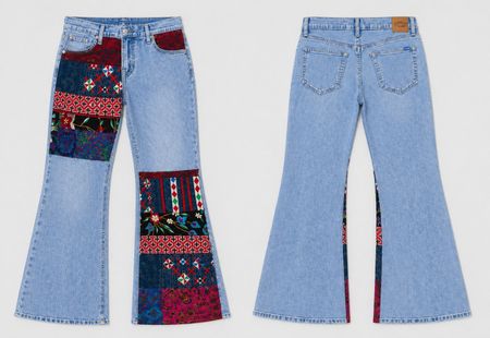 CR1719 UPCYCLED PATCHWORK FLARE DENIM JEANS