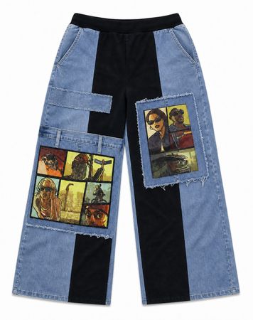 CR1721 UPCYCLED GRAPHIC PANEL WIDE LEG JEANS