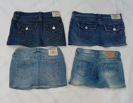 CR8729 UPCYCLED TRUE RELIGION MINI DENIM SKIRTS